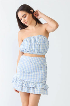 Plaid Cotton Strapless Crop Top & High Waist Flare Hem Mini Skirt Set