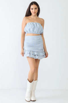 Plaid Cotton Strapless Crop Top & High Waist Flare Hem Mini Skirt Set