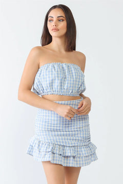 Plaid Cotton Strapless Crop Top & High Waist Flare Hem Mini Skirt Set